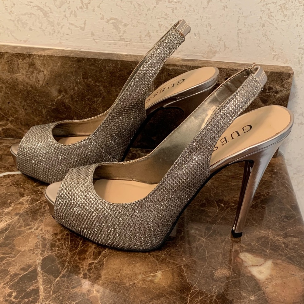 Guess Gold Sparkly Peep Toe Platform  Heels
